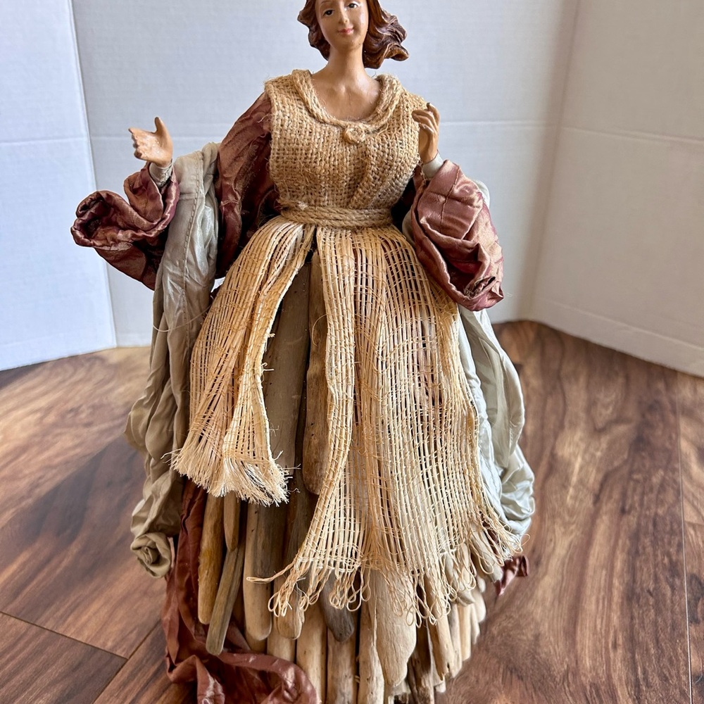 Folk Art Angel Tree Topper Christmas Holiday Decor Driftwood Taffeta